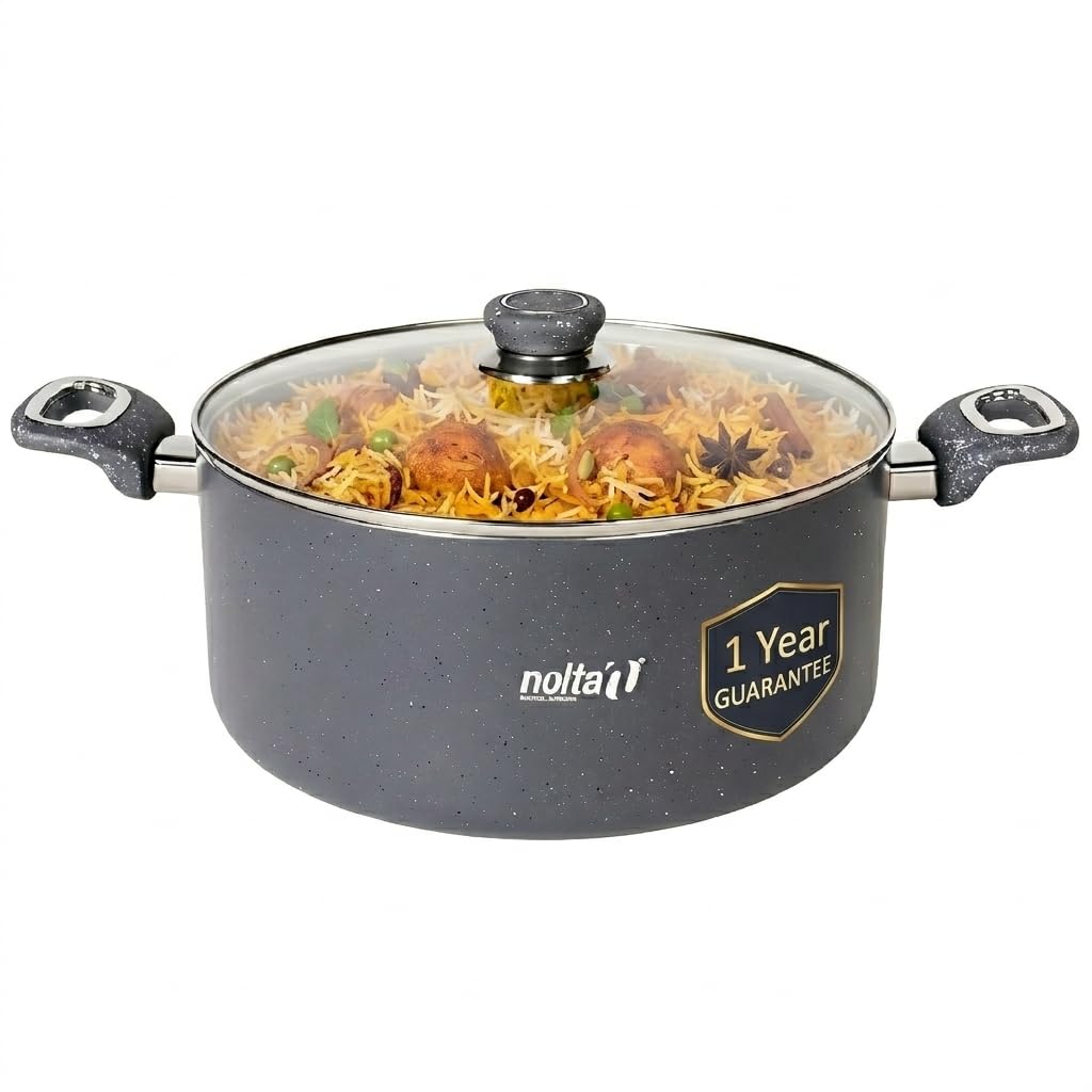 Nolta Granite Biryani Pot 5L, ISI Certified, Induction Base, 1yr Guarantee | PFOA-free Non Toxic Non stick 5-Layer Coating Biriyani Handi Heavy Bottom (24cm, Grey)-image-35