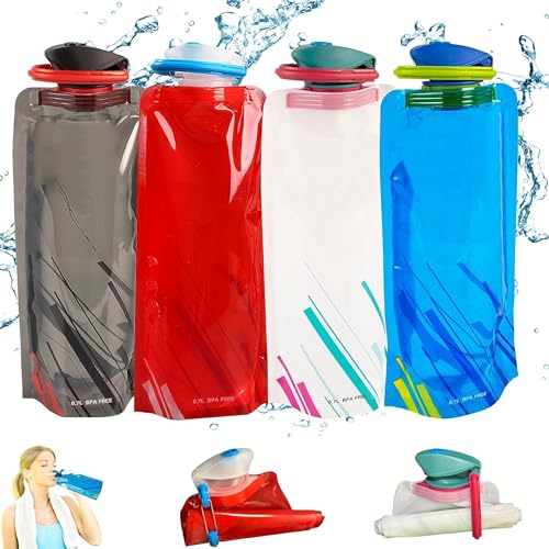 KHZER 4 Collapsible Water Bottle 700ml travel essentials BPA Free Foldable Water Bottle with carabiner clip-camping accessories water bottle for gym Travel, running, Hiking