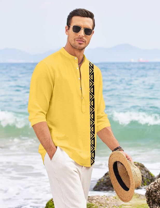 Image of FINIVO FASHION Men's Short Kurta with Printed Geometric Side Panel | Cotton Blend Full Sleeve Ethnic Topwear with Mandarin Collar | Stylish Indo-Fusion Kurta for Daily, Festive, or Casual Wear