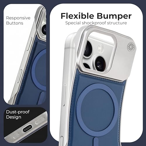 Image of Frameless Metal Case Compatible with MagSafe Luxury Aluminum Frame with PU Leather Finish Magnetic Ring with Wireless Charging Shockproof Premium Slim Case (Blue, iPhone 11)