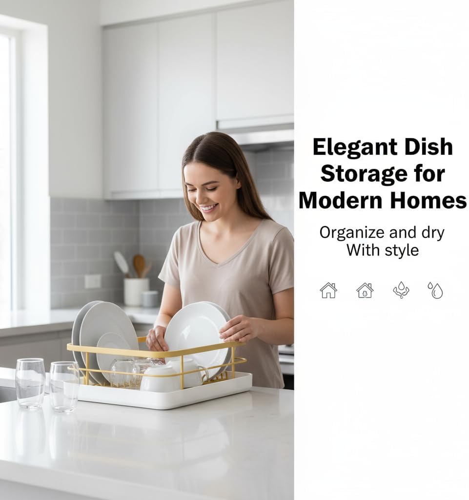 Dish Drying Rack, Multi-Function Dish Racks for Kitchen Counter, Carbon Steel Dish Rack with Cutlery Holder and Drip Tray, Space-Saving Kitchen Organizer (Gold)