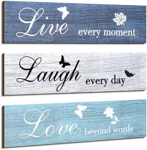 Jetec 3 Pieces Rustic Wood Sign Wall Decor Live Love and Laugh Quote Sign Farmhouse Wall Mount Decoration for Home Office Wedding Kitchen and Living Room, 12 x 3 x 0.2 Inch (Blue Series)