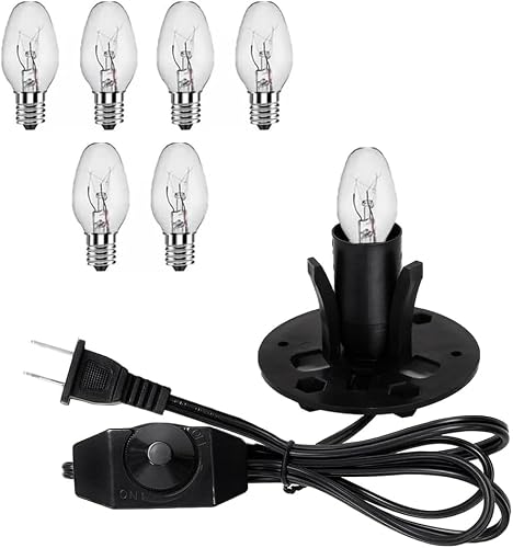 Wuluretoos Himalayan Salt Lamp Cord Replacement Kit with Dimmer Switch & 6-Pack 15W E12 Halogen Bulbs, 5ft Cord Base Assembly for Salt Rock Lamps, 110V Adjustable Brightness Cord Set (1)