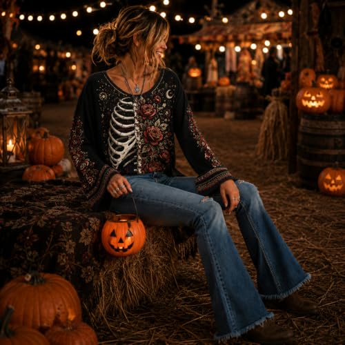 Halloween Sweatshirt for Women Skull Graphic Bell Sleeve Fashion Tops - image 4