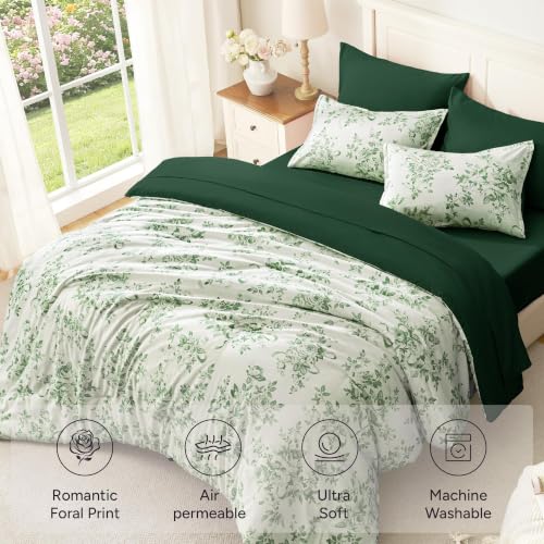 Image of Andency Floral Comforter Full Set, 7 Pieces Green Rose Flower Bedding Set
