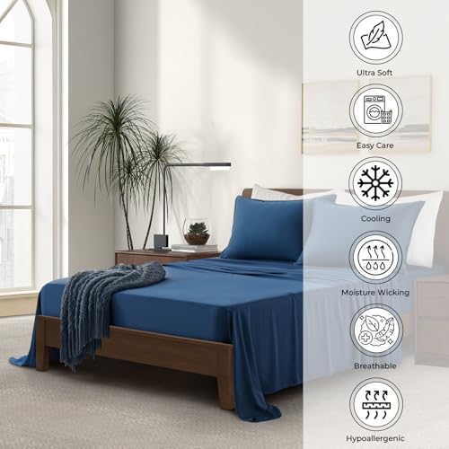 Image of | Split King Size Sheet Set | 2 Fitted Sheets for Sleep Number & Adjustable Beds | Organically Grown | Ultra Soft & Cooling |100% Viscose | 17 inch Deep Pocket [Midnight Blue]