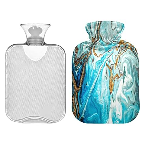 Blue Gold White Marble Hot Water Bottle 2L Stone Glitter Winter Hot Water Bag Warm Water Bottle Soft Plush Cover Hand Feet Warmer for Kids Men Women Cover
