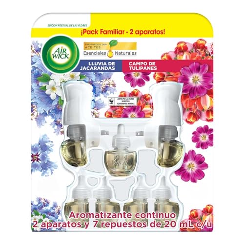 Air Wick Aromatizante De Ambiente Continuo, Aroma Campo de Tulipanes + Lluvia de Jacarandas, 2 aparatos eléctricos + 7 repuestos de 20 ml c/u