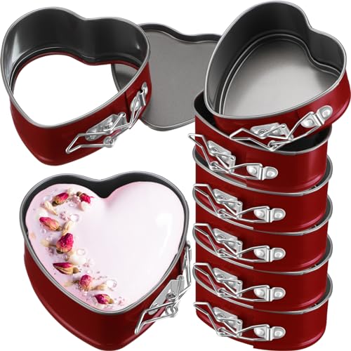 Beeveer 8 Pcs Heart Shaped Springform Pan 4 Inch Non Stick Heart Springform Pan Molds Accessories of Mini Cheesecake Cake Valentine‘s Day Baking, Red
