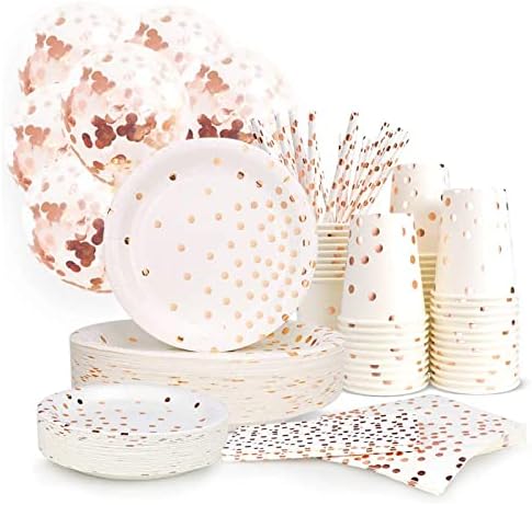 300PCS Rose Gold Paper Party Supplies - Disposable Paper Plates Dinnerware Set Rose Gold Dots 50 Dinner Plates 50 Dessert Plates 50 Cups 50 Napkins 50 Straws 50 Balloons Birthday Party Wedding Holiday