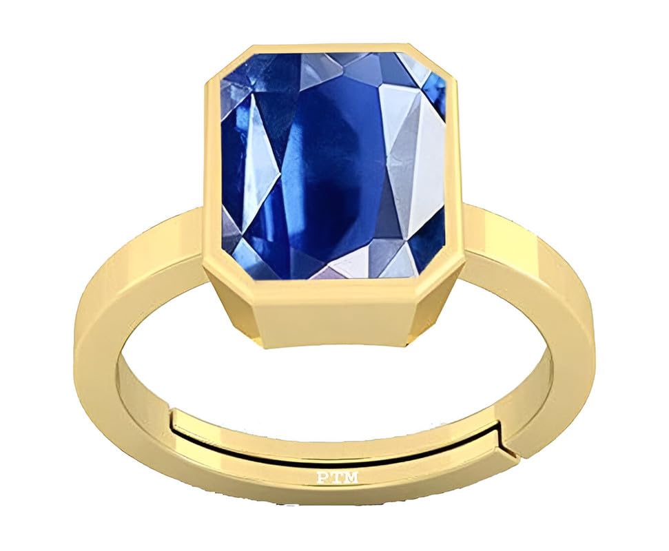 ptm Natural Blue Sapphire/Neelam 6.25 Ratti or 5.5 Carat Astrological Certified Gemstone/Square Shape Panchdhatu/5 Metals Gold Plated Adjustable Ring for Men & Women-picture-30