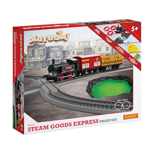 Hornby R9361M Playtrains Steam Goods Express Train – Trains jouets pour enfants à partir de 5 ans – Locomotive télécommandée rechargeable par USB avec 2 wagons, piste et contrôleur infrarouge