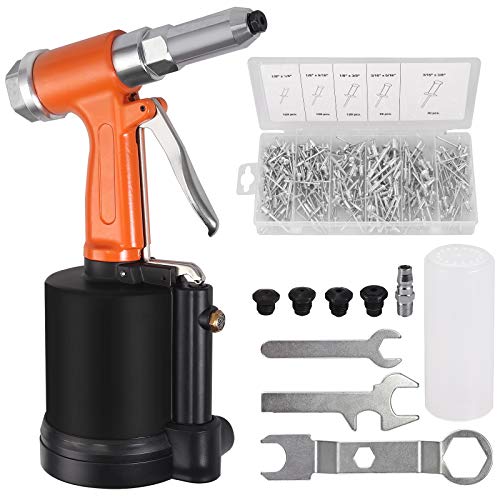 AUTOUTLET Pneumatic Rivet Nut Gun Heavy Duty Riveting Gun Rivet Tool Air Hydraulic Riveter with 500 PCS Rivets 3/32", 1/8", 5/32", 3/16",1/4" Capacity Nose Pieces