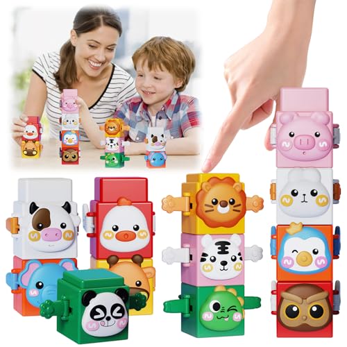 KERANEET Baby Bausteine Spielzeug Stapelturm Baby Bausteine für Kinder ab 1 Jahr Stapelwürfel Bauklötze Tiere 12 Stück Montessori Spielzeug für Jungen Mädchen Geschenke