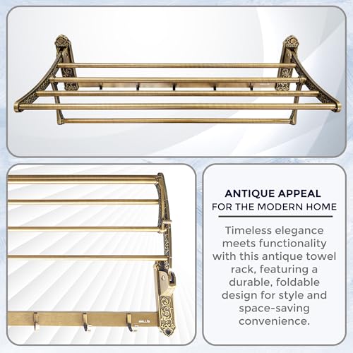 Image of iBELL 60 cm (23.6-Inch) Golden Antique Stainless Steel Folding Towel Rack for Bathroom | 90 Foldable Space-Saving Towel Stand | Towel Hanger | Bathroom Accessories
