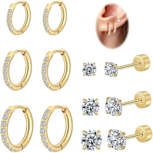 Surgical Steel 14k Gold Plated Huggie Hoop Screw Flat Back CZ Cartilage Piercing