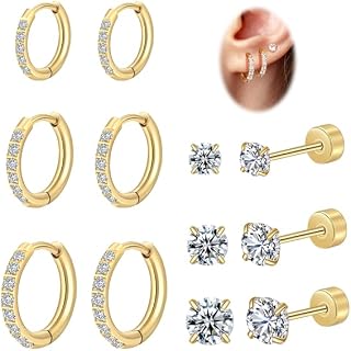 Surgical Steel Small Huggie Hoop Screw Flat Back CZ Pearl Opal Stud Hypoallergenic 14K Gold Plated Earrings Sets for Women Multiple Piercing Lightweight Waterproof and Non Tarnish