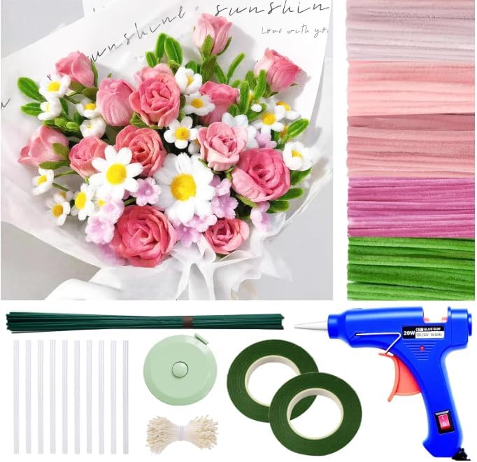 Thick Pipe Cleaners for DIY Flowers & Crafts – 5 Colors Chenille Stems with Glue Guns & Tape Measure Creativity Holiday Room Decorations (yellow, 12in x 8mm) 500 Pcs