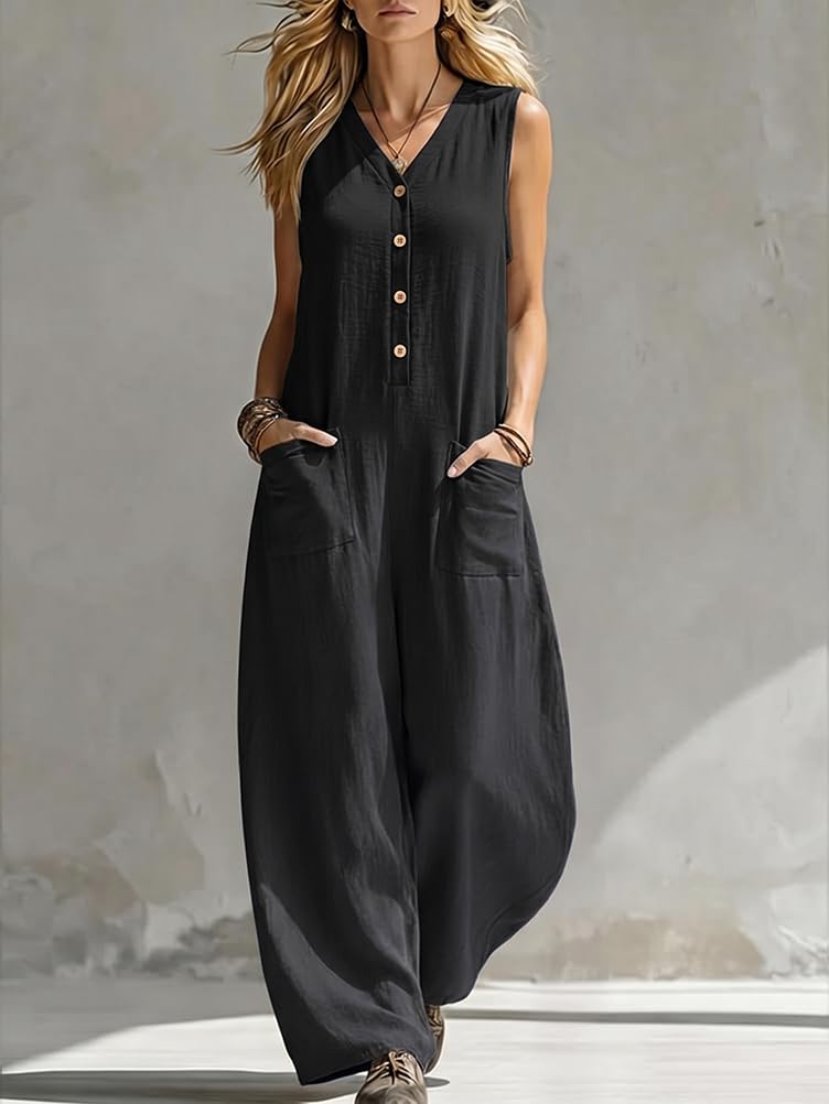 Onsoyours Combinaison Femme Ete Elegante Overall Coton Lin Sans Manche Col V Jambe Large Playsuit Casual Loose Jumpsuit De Travail Plage Soirée Romper Avec Poche