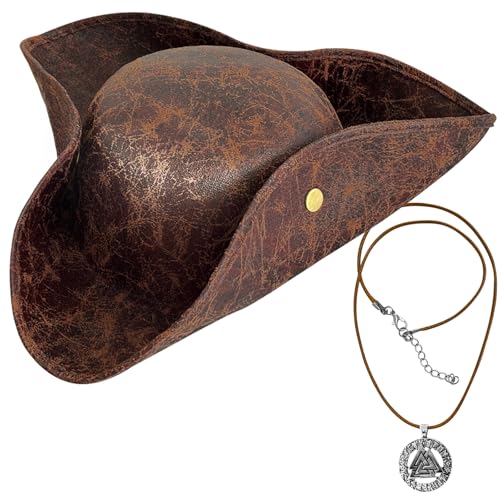 Chapeau de pirate marron en similicuir avec collier pour déguisement d'Halloween