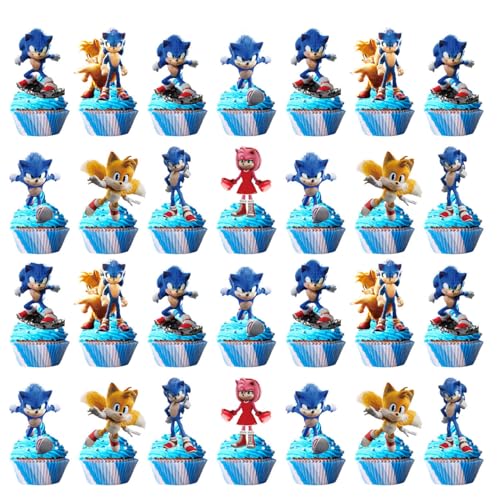 48Pack Sonic Cake Toppers Cupcake Toppers,Sonic Birthday Party Decoration CupCake Decorations
