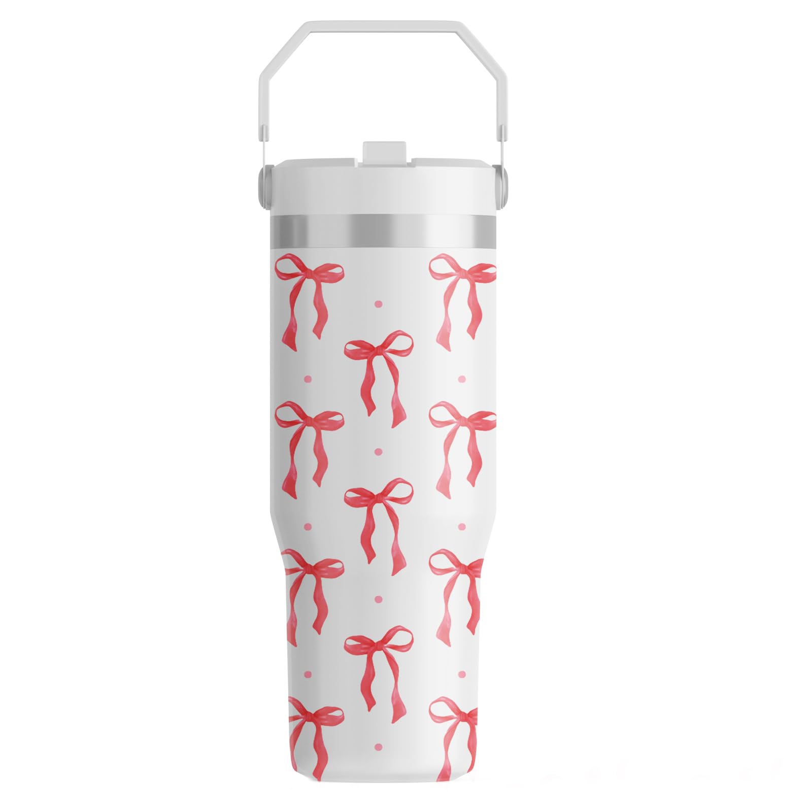 FOLAI Leakproof Flip Water Tumbler,30oz Stainless Steel Hot and Cold Water Bottle with Ergonomic Handle and Straw Keeps Cold for 12+ Hours,Ideal for Gym,Car,Beach-Easy to Carry Travel Mug(Red Bow)