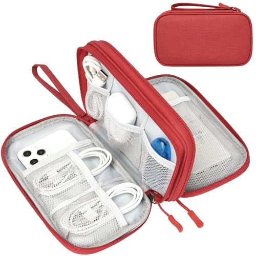 Image of FYY Electronic Organizer, Travel Cable Organizer Bag Pouch Electronic Accessories Carry Case Portable Waterproof Double Layers Storage Bag for Cable, Cord, Charger, Phone, Earphone, Medium Size, Red