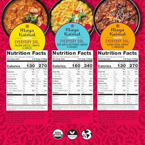 Image of Maya Kaimal Foods - Organic Indian Everyday Dal - 12 pack variety of 10oz Ready to Eat Meals - Fully Cooked - Vegan - Kosher - Microwavable - made from Lentils, Beans, Squash, Coconut, Peas