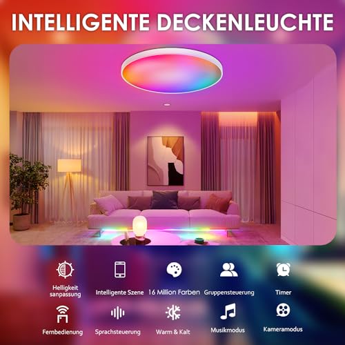 Birnetek® RGB Deckenlampe für Wohnzimmer und Schlafzimmer mit APP-Steuerung und Alexa-Kompatibilität