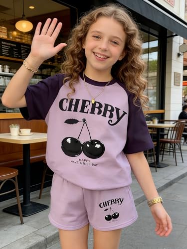 Image of KIDLAGA Girls Two Piece Sets Cherry Pattern Short Sleeve Shirts and Shorts Set With Pockets Girls Summer Outfits Size 7-14