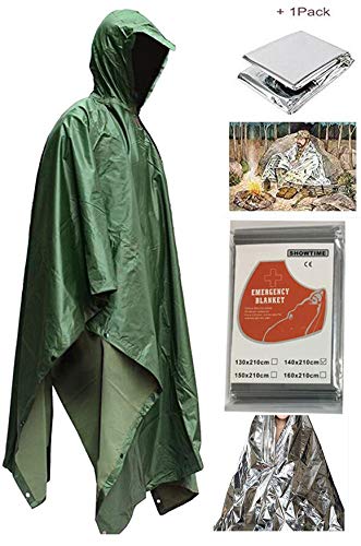 How'on Military Multifunction Camouflage Waterproof Rain Poncho Adults(Gift Emergency Blanket) Army Green One Size #TOP2