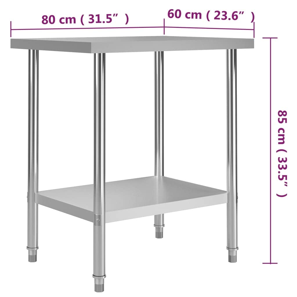 Tavolo da lavoro da cucina 80 x 60 x 85 cm in acciaio inox con piedini regolabili, durevole e facile da pulire, ideale per ristoranti, caffetterie, mense e cucine commerciali
