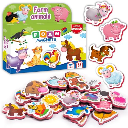 Little World Large Set of 27 Foam Fridge Magnets for Toddlers 1-3 - Learning Refrigerator Magnets for Kids – Baby Magnets for Refrigerator - Farm Magnetic Animals Toys - Animal Magnets for Babies