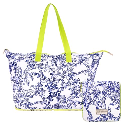 Lilly Pulitzer Large Packable Tote, Reusable Grocery Bag that Packs Into Itself, Tote with Shoulder Strap and Zipper, Safari Party