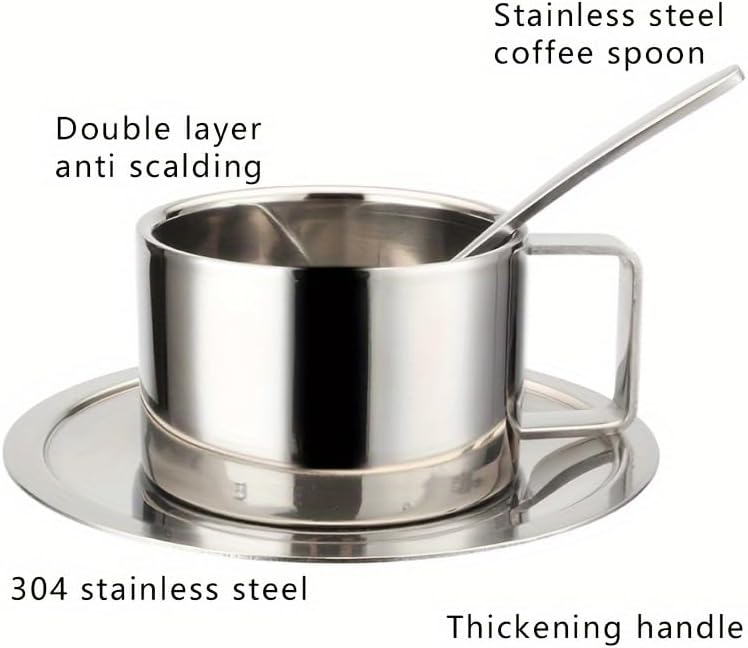 3-Piece 304 Stainless Steel Coffee Cup Set, Double Wall Insulated Cup with Saucer & Spoon, Anti-Scald Metal Mug for Espresso, Tea, Office & Home Use