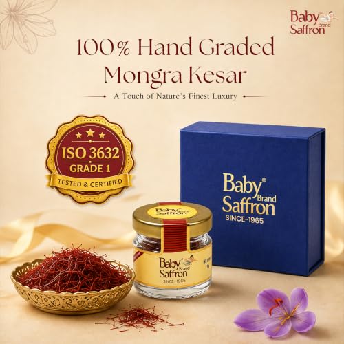 Image of Baby Brand Saffron Original Mongra Kesar /Keshar Premium Filament Gift Box With Glass Jar | Handpicked, Grade 1 ISO 3632 Tested | For Celebrations, Festive, Corporate Gifting | 1gm, Pack Of 1 (Blue)