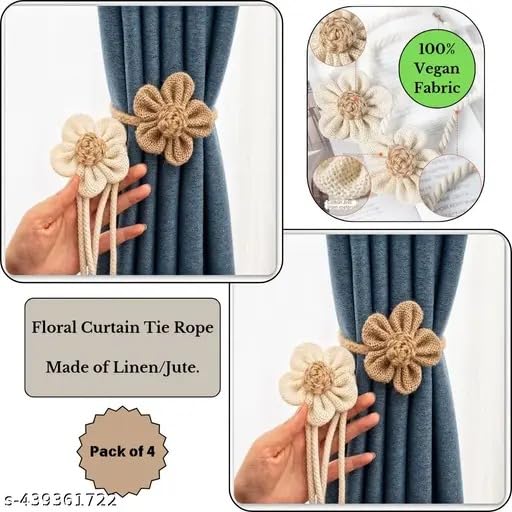 Image of Home Curtain Draperies, Pack for Farmhouse Sunflower Office Curtain and Window Tiebacks, Thin Decoration Elegant Tie Boho Simple Beige for Room, Accessories Ropes Holdbacks Wall (4, Multi)