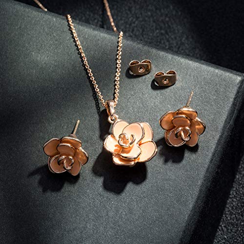 Rose Flower Necklace Earrings for Women 18K Gold Plated Hypoallergenic Jewelry Sets (Peach Fuzz / Rose Gold-tone) - Thumbnail 6