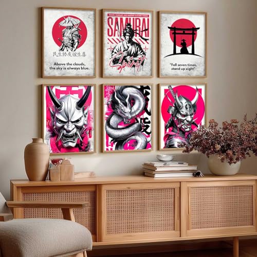 Image of HOTHOUSE Aesthetic Samurai Theme Devil Masks Wall Framed Posters | Japanese Devil Masks Framed Poster for Living Room Bedroom Gaming Room Studio Wall Decor Set Of 6 (13X17 inch)