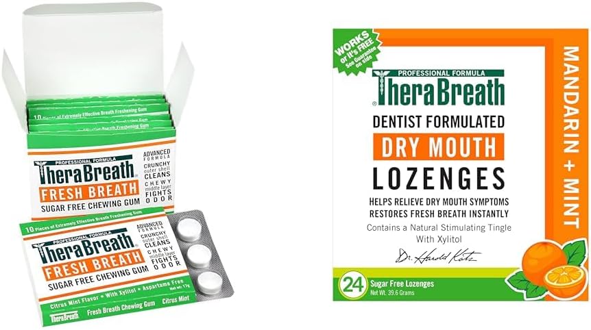 Chewing Gum with ZINC Citrus Mint 10 Count Pack of 6 & Dry Mouth Lozenges Mandarin Mint 24 Count