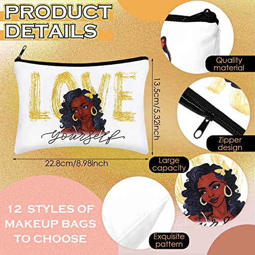 12 Pcs African Girl Makeup Bag Black Girl Housekeeping Week Gifts Afro Melanin Art Cosmetic Canvas Bags Funny Cute Reusable Toiletry Pouch Organizer Black Owned Business Gift for Women(Stylish Style)4
