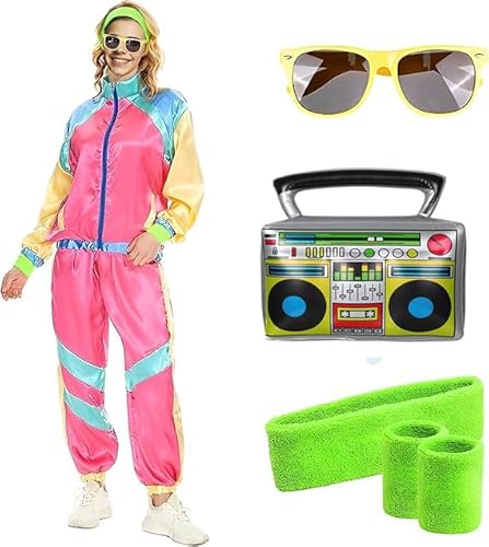 Disfraz adulto años 80 y 90 para hombre mujer Diadema Muñequera Chándal Retro para Rockstar Carnaval con Chaqueta Pantalón Gafas Halloween Cosplay y Fiesta Temática Disfraces Neón Jogging (Rosa, M)