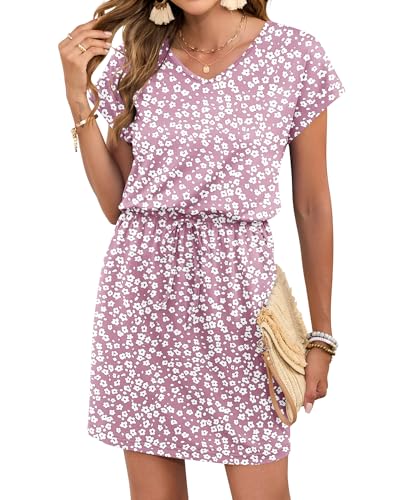Image of AUSELILY Womens Summer Mini Dress, Short Sleeve V Neck Drawstring Casual | Soft smooth drape with an adjustable drawstring waist for beach, casual outings and daily wear