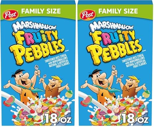 Marshmallow Fruity PEBBLES Breakfast Cereal for Kids, Gluten Free, Made with Sweetened Puffed Rice, 18 Ounce (Pack of 2)
