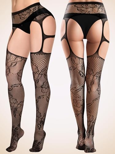 3 Pairs Plus Size Fishnet Thigh High Stockings Suspender Garter Belt Pantyhose Lace Tights for Women2