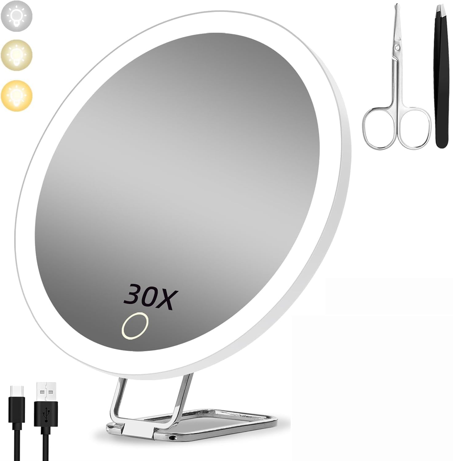 30X Magnifying Mirror With Light, Large 6'' Makeup Mirror, LED Lights, 3 Colors Modes Dimming, 3 Suction Cups and 360° Table Stand