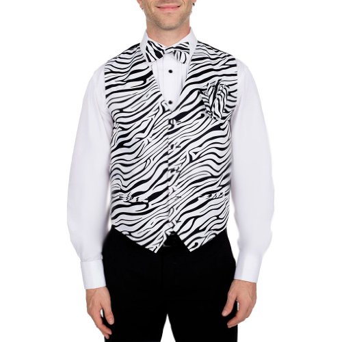 Men's Animal Printed Zebra Print Vest Bow Tie and Hanky Set for Proms Weddings and Formal Events