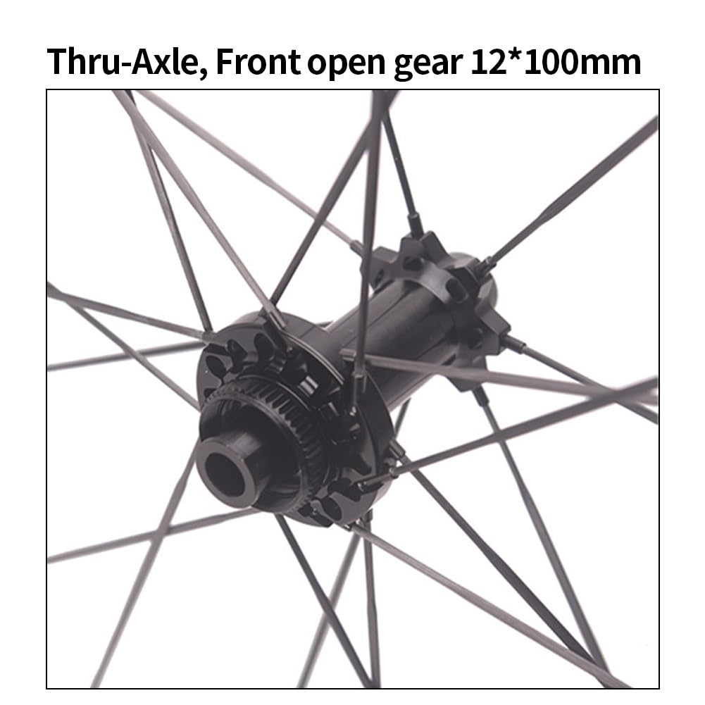 700C Road Bike Disc Brake Wheelset Carbon Spokes Front 24 Rear 24, 50mm Carbon Rim for 8-12 Speed Cassette, 12 * 100/142mm Thru-Axle