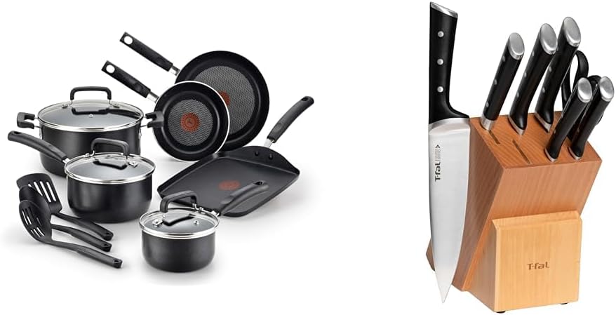 T-fal 20 piece set of Signature Nonstick Cookware with Ice Force German Stainless Steel Kitchen Knife Set and Wood Block