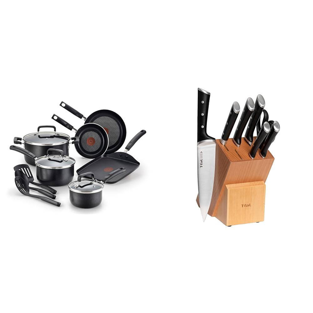 T-fal 20 piece set of Signature Nonstick Cookware with Ice Force German Stainless Steel Kitchen Knife Set and